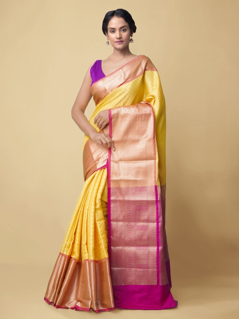 

Unnati Silks Yellow & Pink Woven Design Zari Silk Cotton Handloom Banarasi Saree