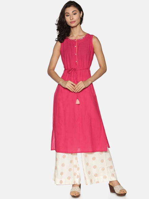 

Saffron Threads Women Pink & White Striped Pure Cotton Kurta with Palazzos