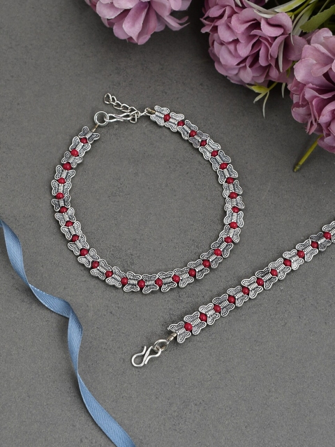 

Silvermerc Designs Silver Plated Red Beaded Handcrafted Butterfly Anklets Set of 2