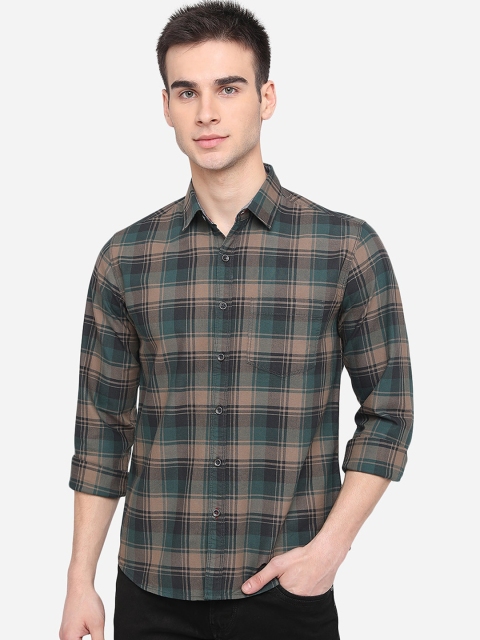 

Greenfibre Men Brown & Green Checked Slim Fit Pure Cotton Casual Shirt