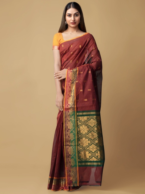 

Unnati Silks Maroon & Green Woven Design Zari Silk Cotton Venkatgiri Saree