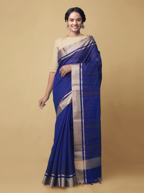 

Unnati Silks Blue & Gold-Toned Woven Design Zari Silk Cotton Chanderi Saree