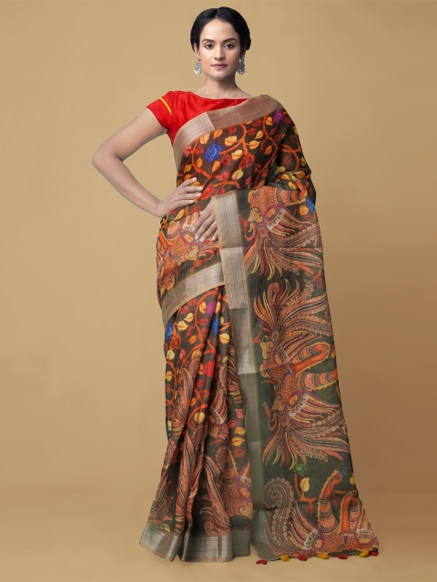 

Unnati Silks Green & Orange Kalamkari Zari Linen Blend Jamdani Saree