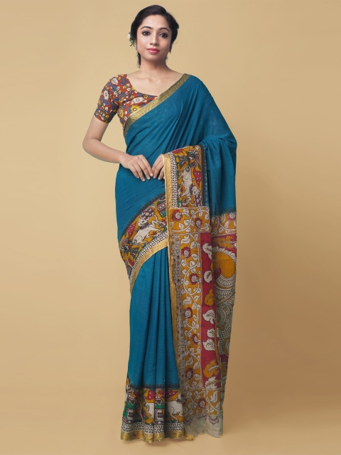 

Unnati Silks Blue & Yellow Kalamkari Pure Cotton Kanjeevaram Saree
