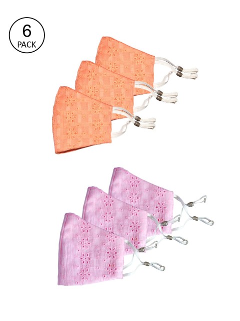 

Bellofox Set of 6 Unisex Peach and Light Pink Chikan 3 Ply Reusable Face Mask