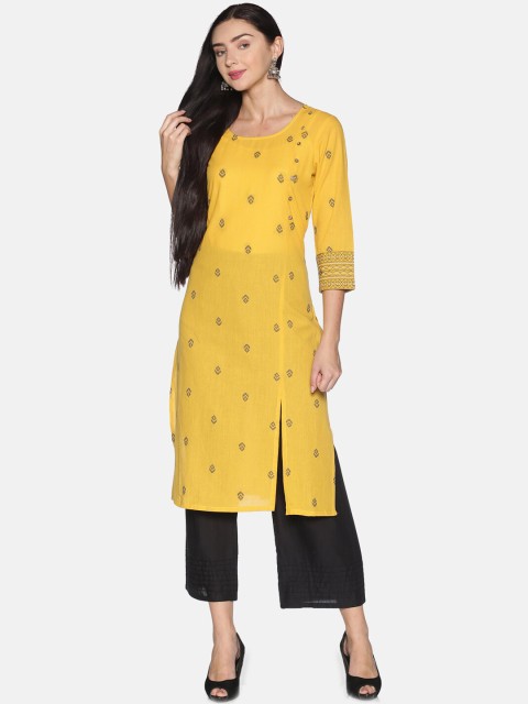 

Saffron Threads Women Yellow & Black Printed Pure Cotton Kurta with Palazzos