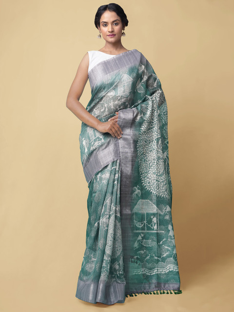 

Unnati Silks Green Kalamkari Silk Cotton Chanderi Saree