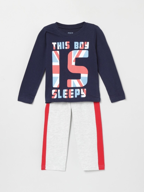 

max Boys Navy Blue & Grey Melange Printed Cotton Night suit