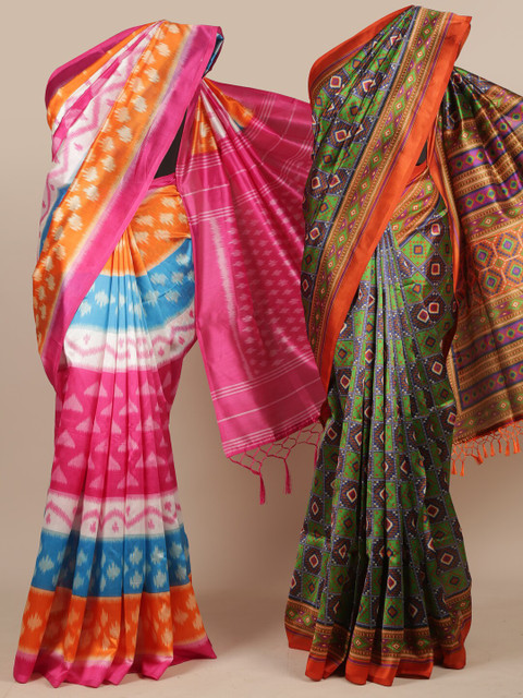 

Pothys Pack of 2 Multi Coloured & Green Geometric Printed Jute Silk Saree