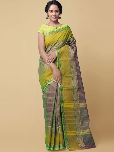 

Unnati Silks Green & Purple Checked Pure Cotton Chettinad Saree