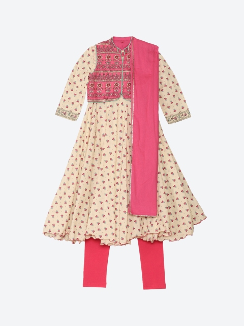

Biba Girls Cream Floral Printed Kurta with Churidar & Dupatta