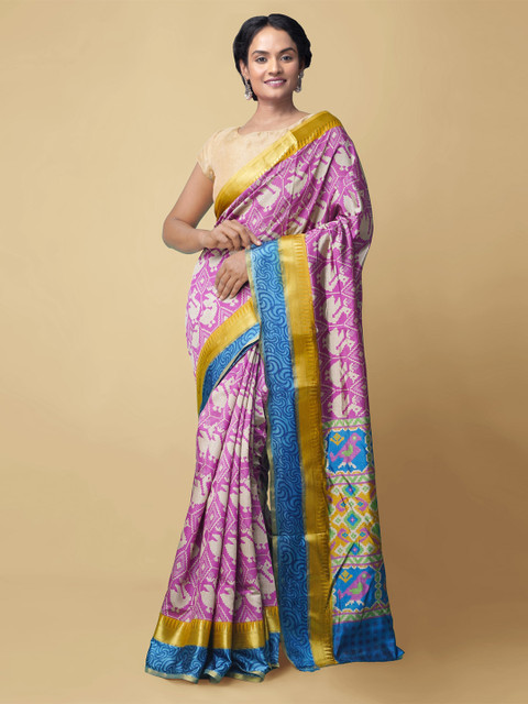

Unnati Silks Pink & Purple Ethnic Motifs Art Silk Patola Saree