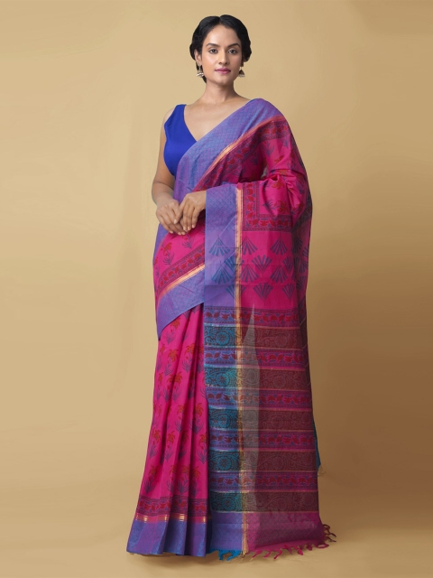 

Unnati Silks Pink & Blue Ethnic Motifs Pure Cotton Mangalagiri Saree