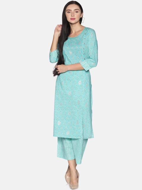 

Saffron Threads Women Turquoise Blue Ethnic Motifs Printed Pure Cotton Kurta with Palazzos