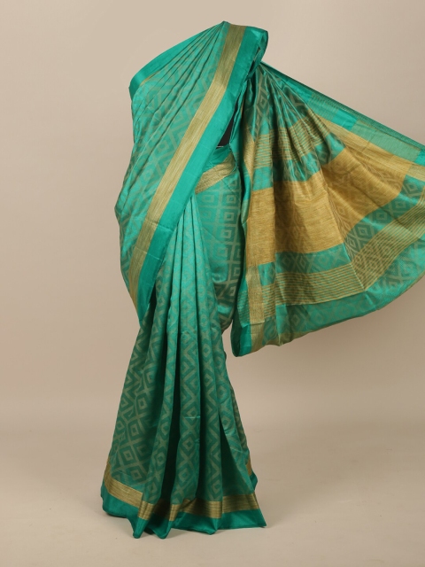 

Pothys Green & Gold Printed Jute Silk Saree