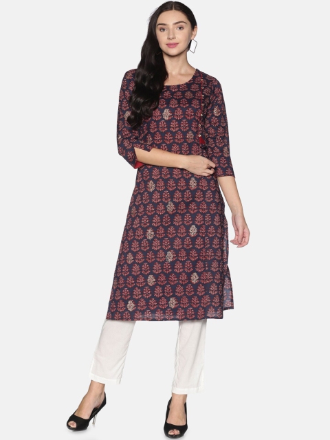 

Saffron Threads Women Navy Blue Ethnic Motifs Printed Pure Cotton Kurta with Trousers