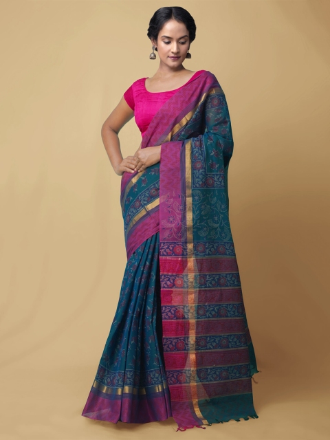 

Unnati Silks Teal & Pink Floral Pure Cotton Vrinda Mangalagiri Saree