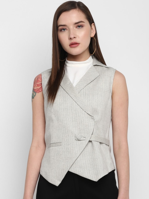 

DEEBACO Women Grey Striped Double Breasted Pure Cotton Casual Blazer