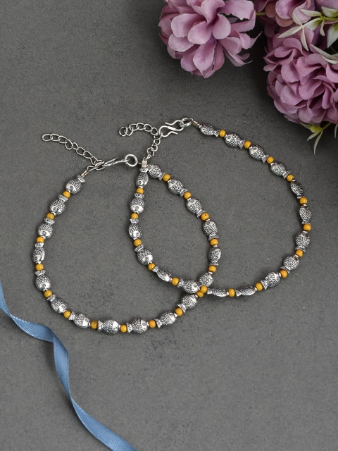 

Silvermerc Designs Set Of 2 Silver-Plated Yellow Beaded Handcrafted Pisces Anklets