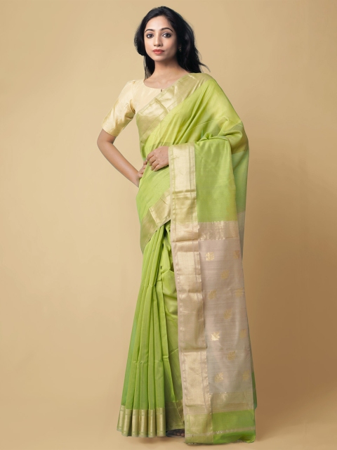 

Unnati Silks Green & Cream-Coloured Woven Design Zari Silk Cotton Maheshwari Saree