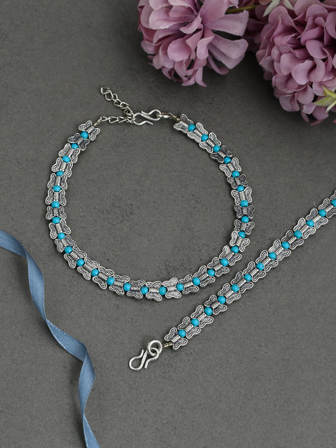 

Silvermerc Designs Set Of 2 Silver Toned Turquoise Blue Beaded Handcrafted Anklets