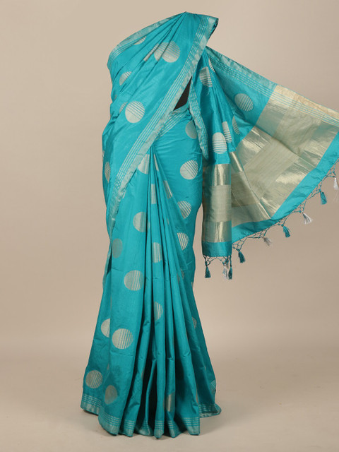 

Pothys Turquoise Blue & Silver-Toned Woven Design Zari Jute Silk Saree