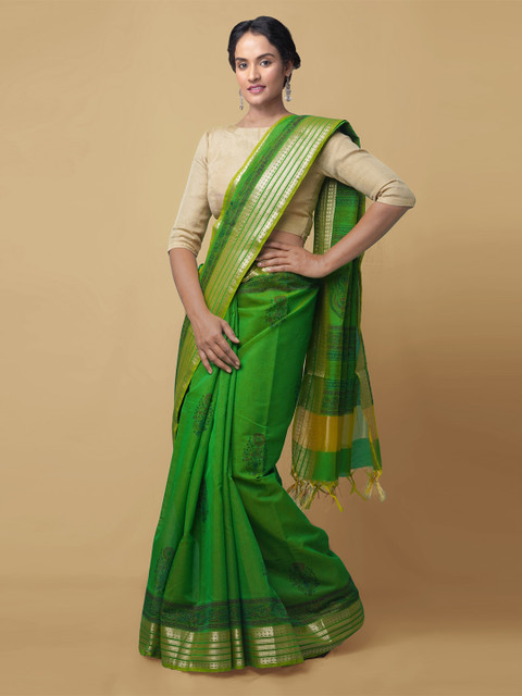 

Unnati Silks Green & Gold-Toned Handloom Woven Design Zari Silk Cotton Chanderi Saree