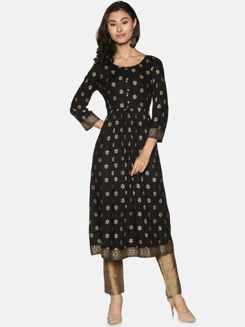 

Saffron Threads Women Black Ethnic Motifs Foil Printed Striped Kurta with Trousers