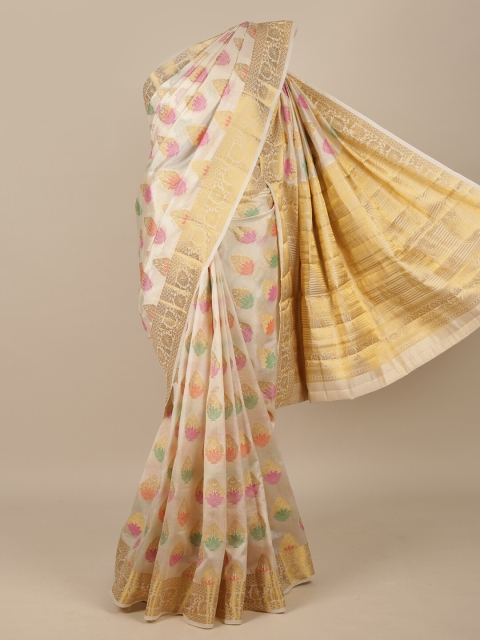 

Pothys Cream & Pink Floral Zari Jute Silk Saree