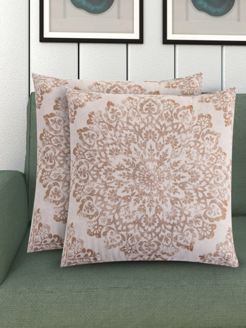 Home Centre Set Of 2 White & Beige Ebony Nomad Printed Filled Cushions