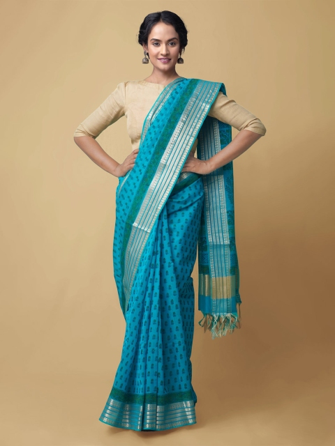 

Unnati Silks Women Turquoise Blue & Green Block Printed Silk Cotton Chanderi Saree