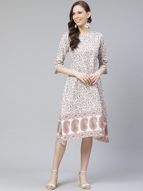 

ZIYAA Beige Digital Print A-Line Midi Dress