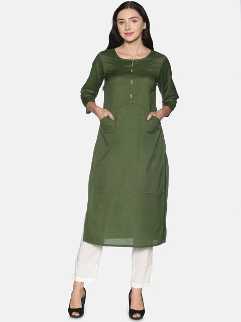 

Saffron Threads Women Green Pure Cotton Kurti with Trousers