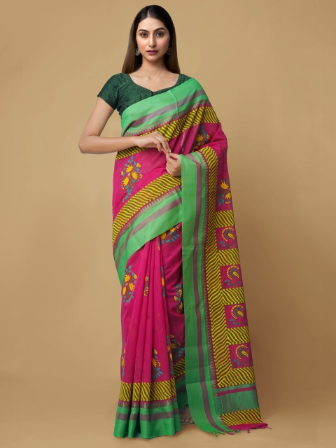 

Unnati Silks Pink & Yellow Floral Silk Cotton Chanderi Saree
