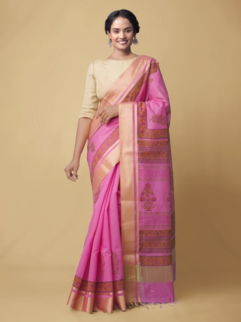 

Unnati Silks Women Pink & Yellow Block Printed Silk Cotton Chanderi Saree