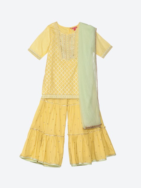 

Biba Girls Yellow Ethnic Motifs Printed Kurti with Sharara & Dupatta