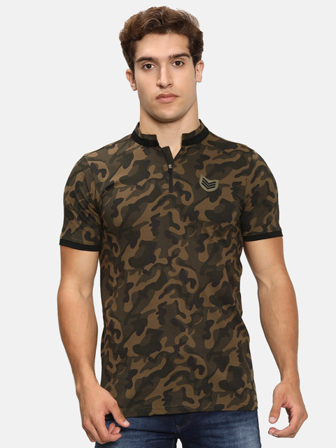 

V2 Value & Variety Men Olive Camouflage Printed Henley Neck T-shirt