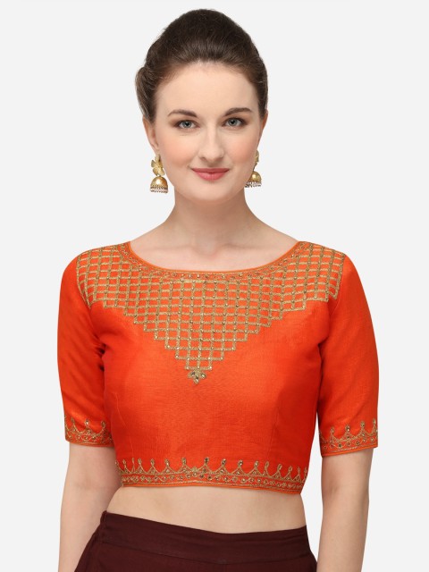 

Fab Dadu Women Orange & Gold-Coloured Embroidered Styled Back Silk Saree Blouse