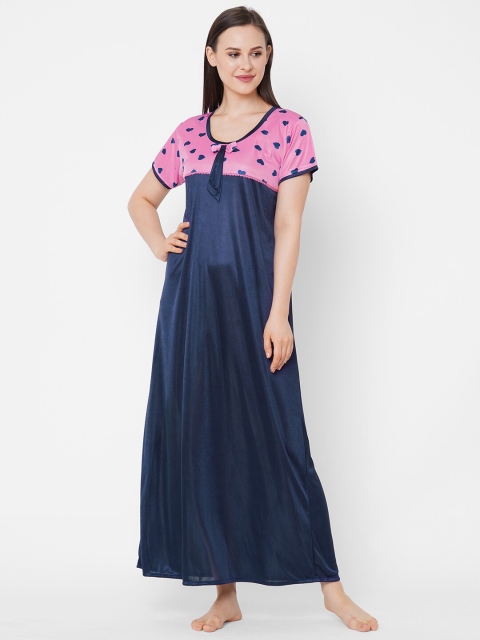 

Juliana Dream Navy Blue & Pink Colourblocked Maxi Satin Nightdress