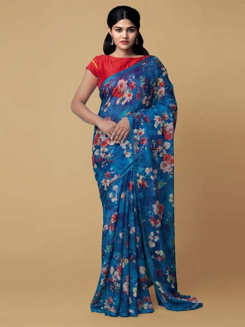 

Unnati Silks Blue Printed Floral Patola Saree