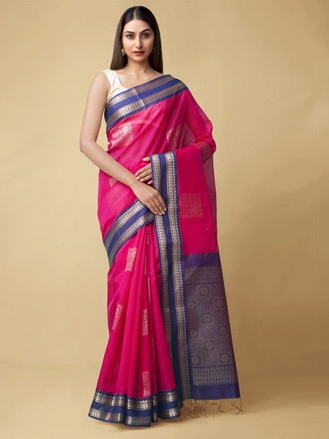 

Unnati Silks Pink & Purple Woven Design Zari Silk Cotton Baluchari Saree