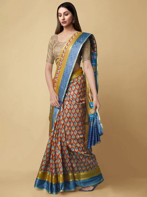 

Unnati Silks Red & Blue Ethnic Motifs Zari Art Silk Handloom Patola Saree