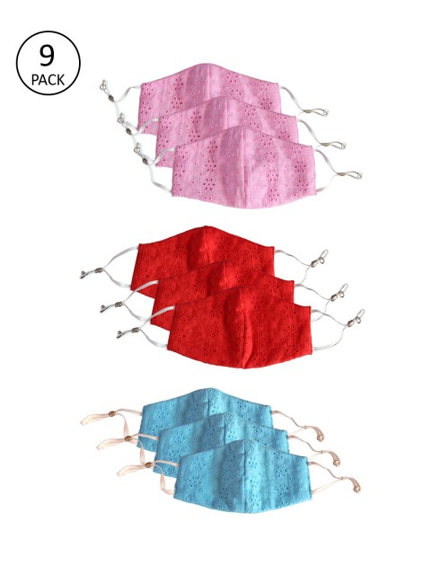 

Bellofox Adults Peach & Red Pack of 9 Embroidered 3-Ply Reusable Cotton Face Masks, Multi