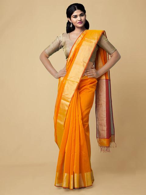 

Unnati Silks Orange & Red Floral Zari Silk Cotton Maheshwari Saree