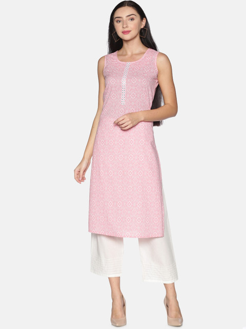 

Saffron Threads Women Pink Bandhani Printed Pure Cotton Kurta with Palazzos