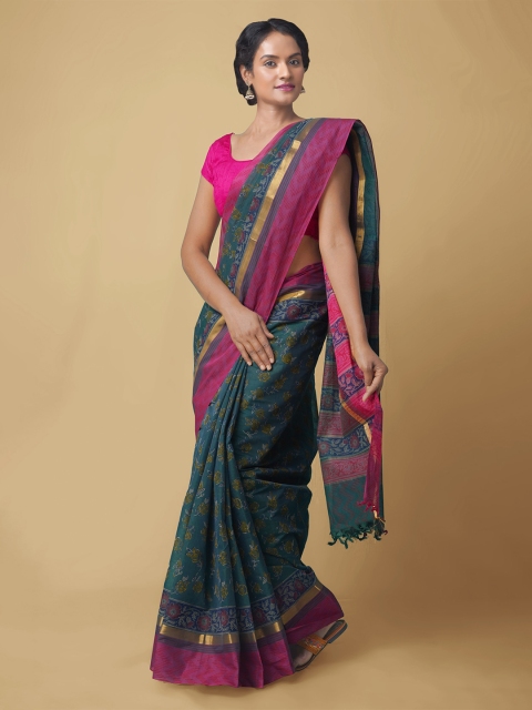 

Unnati Silks Teal Blue & Pink Floral Pure Cotton Mangalagiri Saree