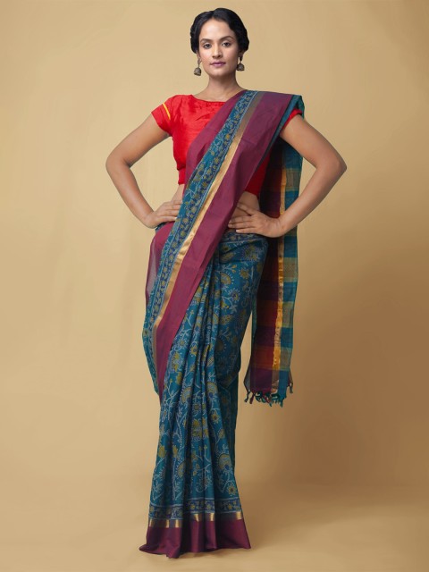 

Unnati Silks Teal Green & Pink Ethnic Motifs Pure Cotton Mangalagiri Saree