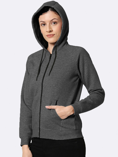

Bewakoof Women Grey Melange Zipper Hoodie Sweatshirt