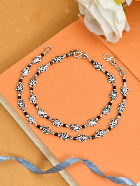 

Silvermerc Designs Set Of 2 Silver-Plated Black Beaded Handcrafted Anklets