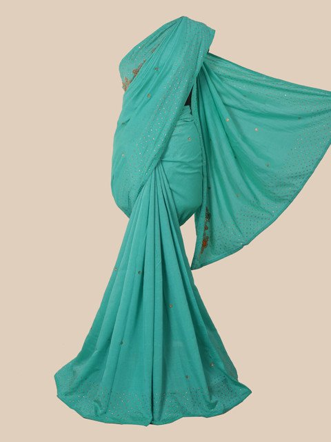 

Pothys Blue & Gold-Toned Ethnic Motifs Beads and Stones Jute Silk Saree